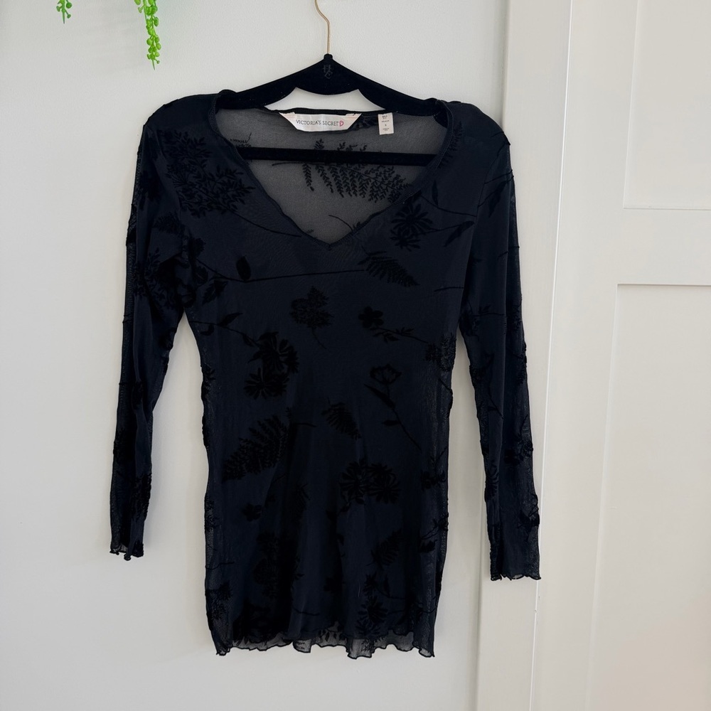 Victoria's Secret Vintage 90's Y2K Black Floral Mesh Long Sleeve Mini Dress S